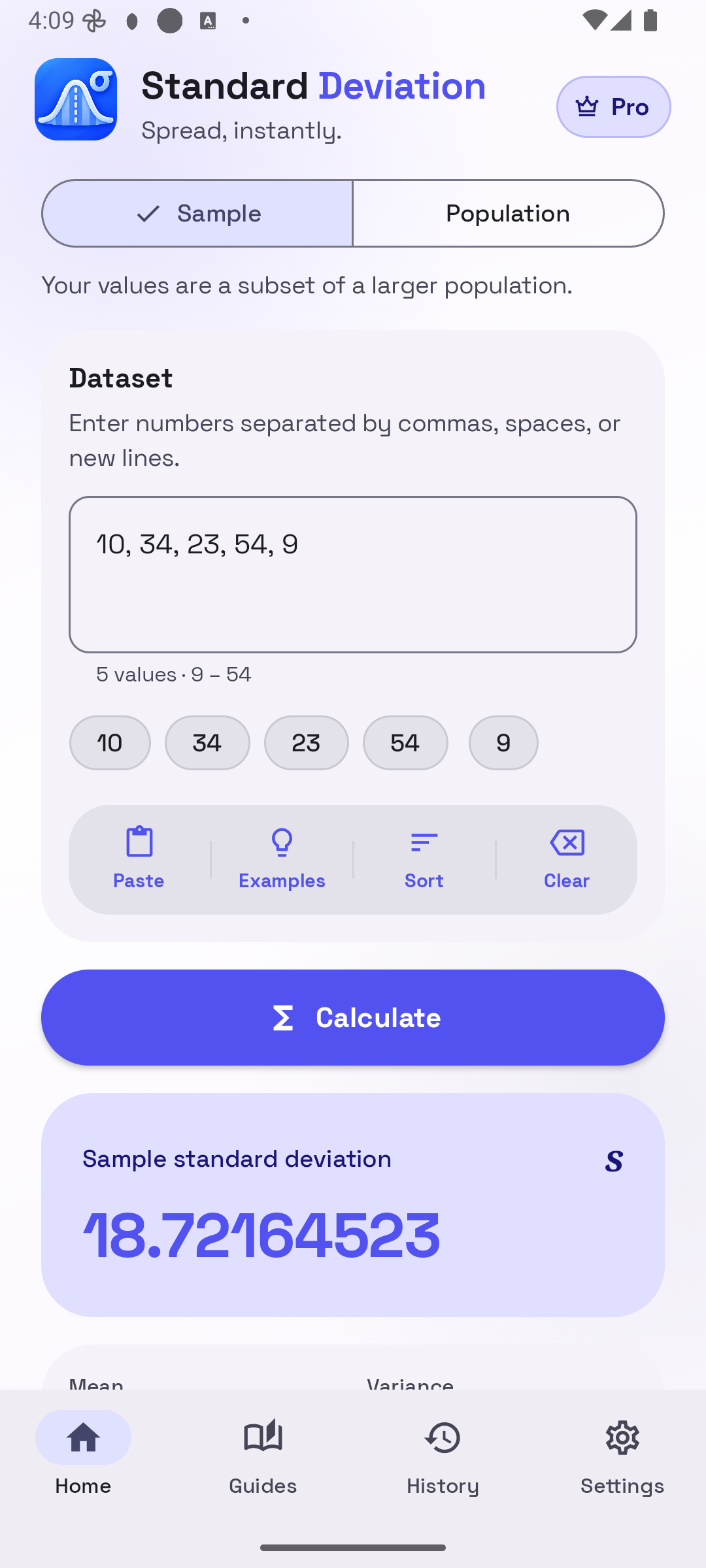 Standard Deviation Calculator home screen showing a sample standard deviation result for 10, 34, 23, 54, 9 with mean and variance