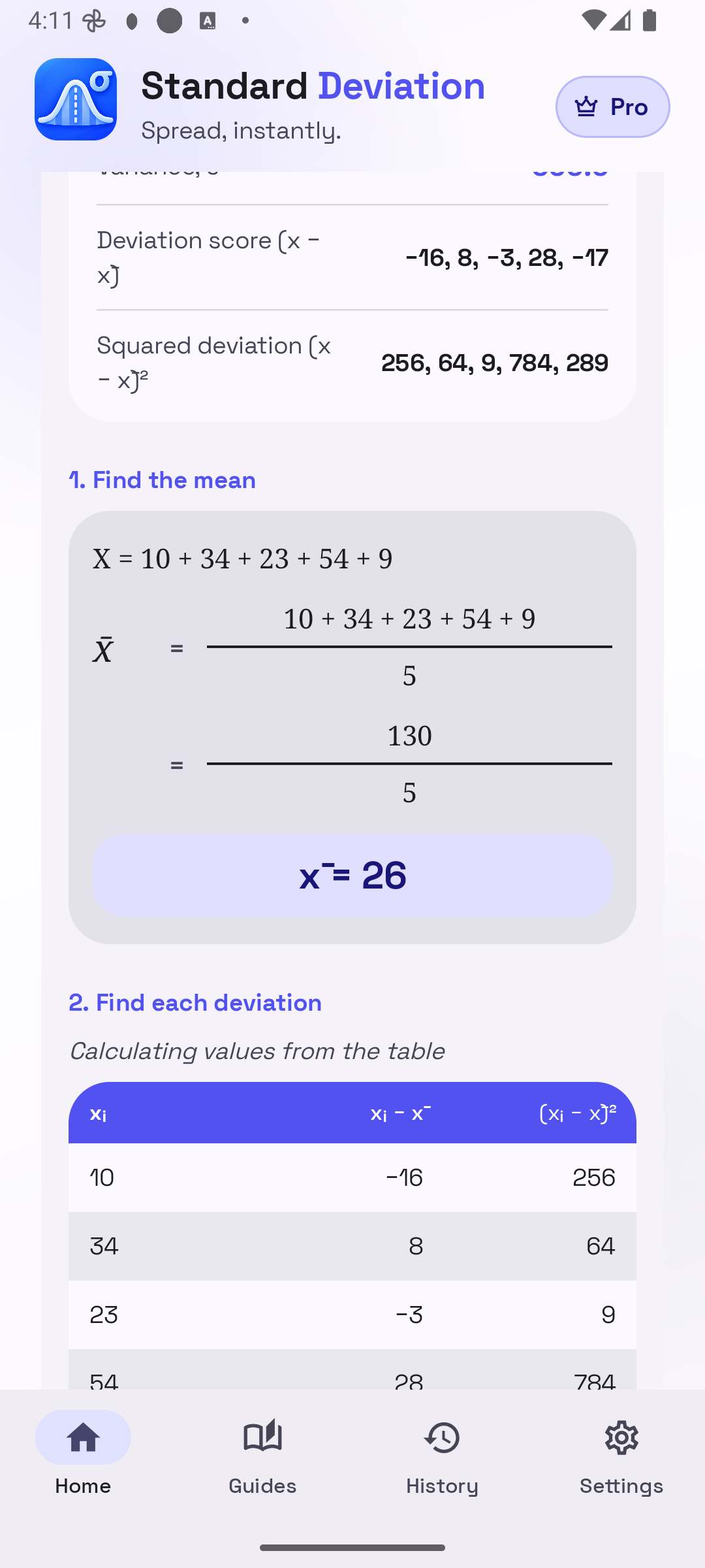 Show solution table listing each value, its deviation from the mean, and the squared deviation