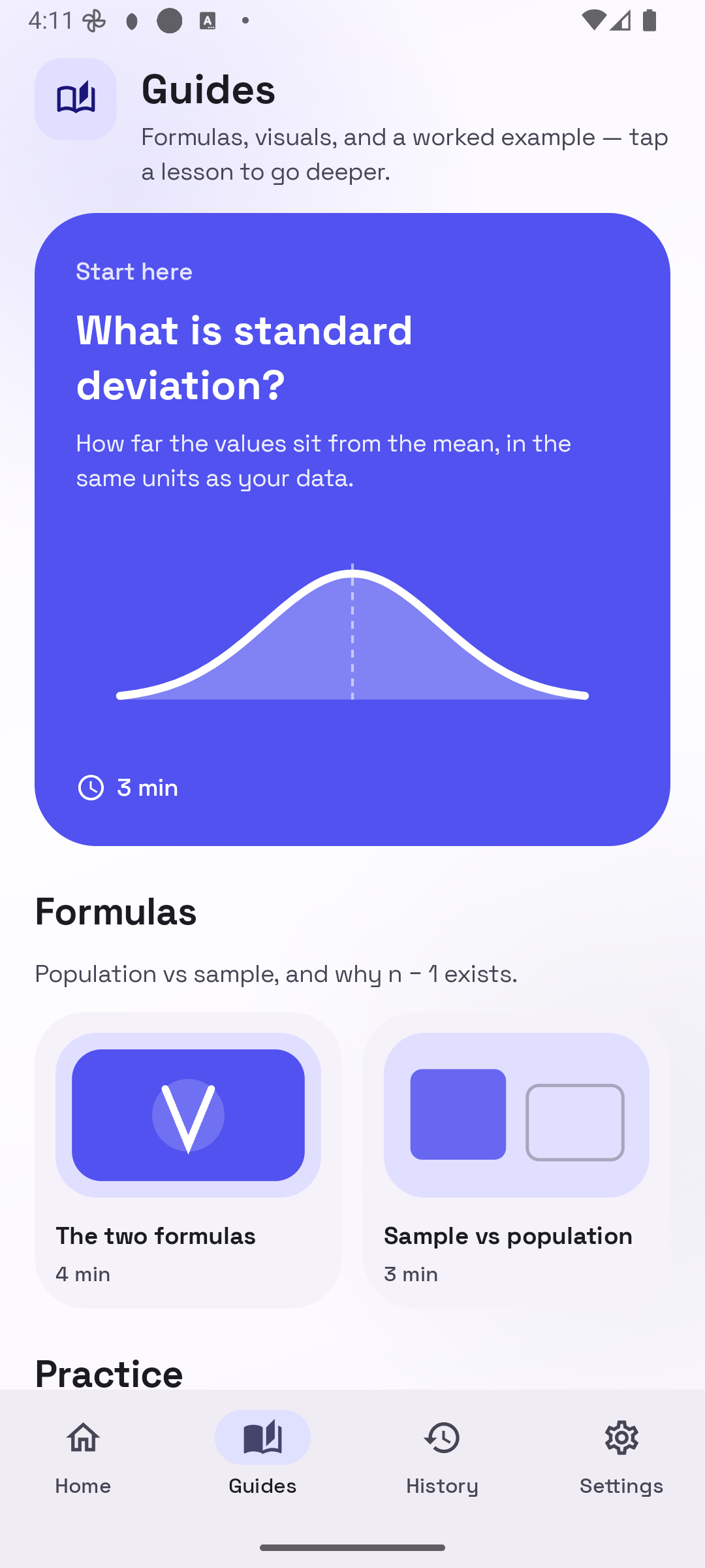 In-app guides covering formulas, sample versus population, and a worked standard deviation example