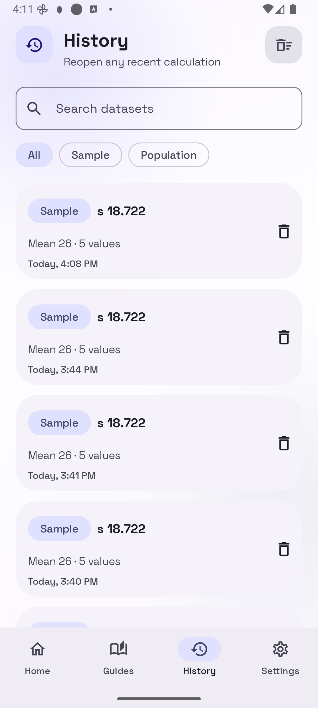 History screen of saved standard deviation calculations stored on the device